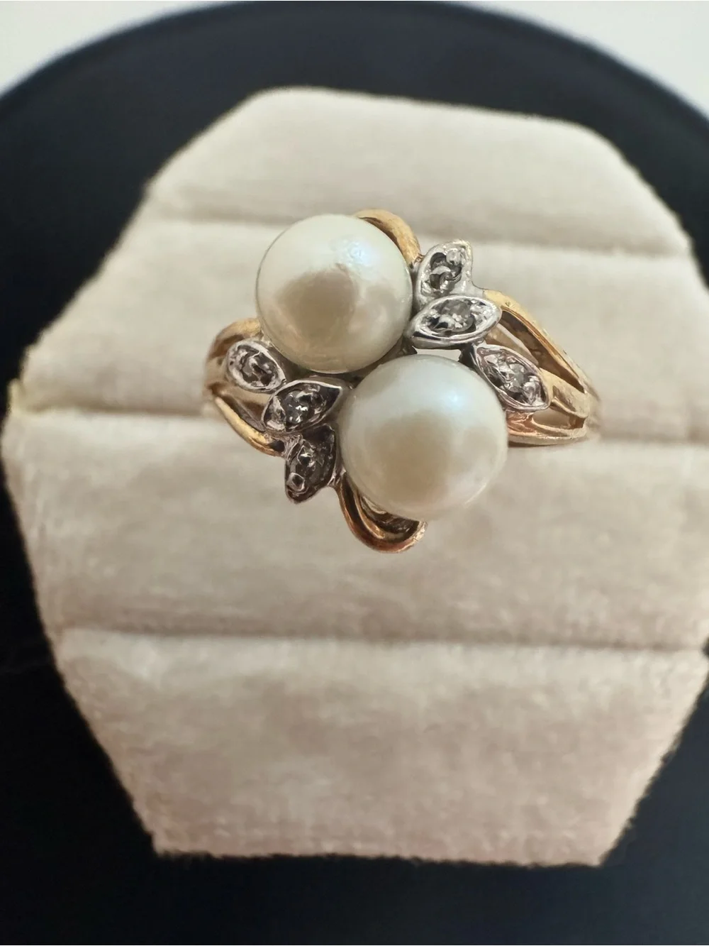 10K Solid Yellow Gold Double Pearl & Diamond Botanical Bypass Ring Size 7